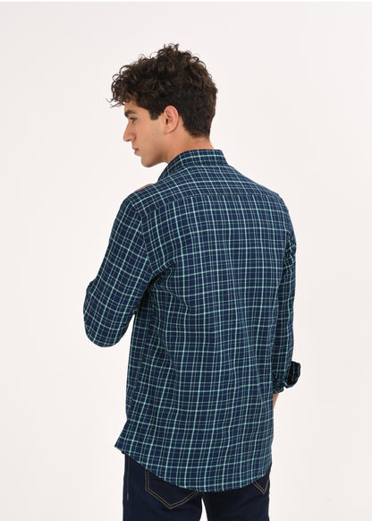 Indigo-Dyed 100% Cotton Check Shirt Green