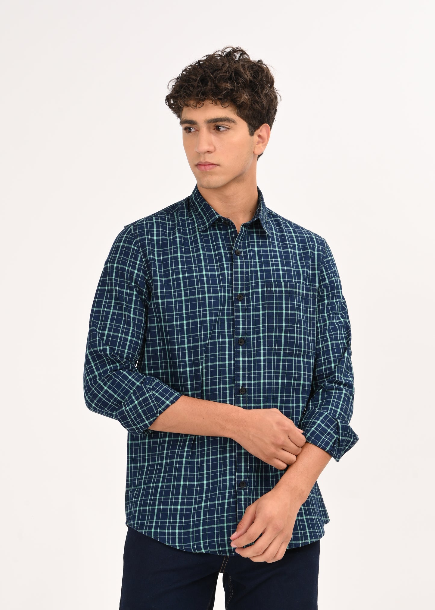 Indigo-Dyed 100% Cotton Check Shirt Green