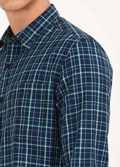 Indigo-Dyed 100% Cotton Check Shirt Green