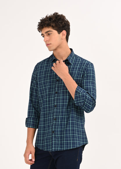Indigo-Dyed 100% Cotton Check Shirt Green