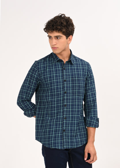 Indigo-Dyed 100% Cotton Check Shirt Green