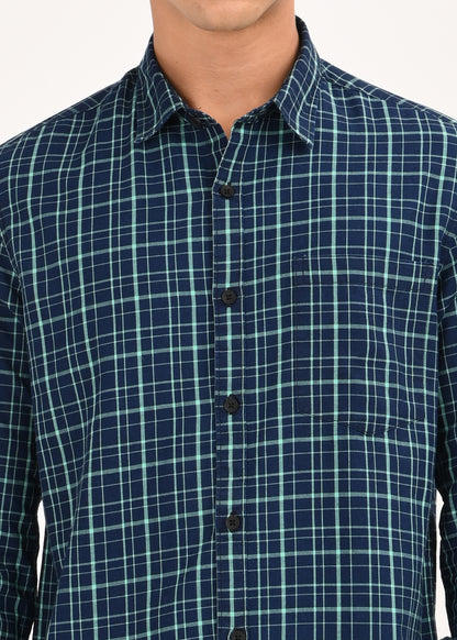 Indigo-Dyed 100% Cotton Check Shirt Green