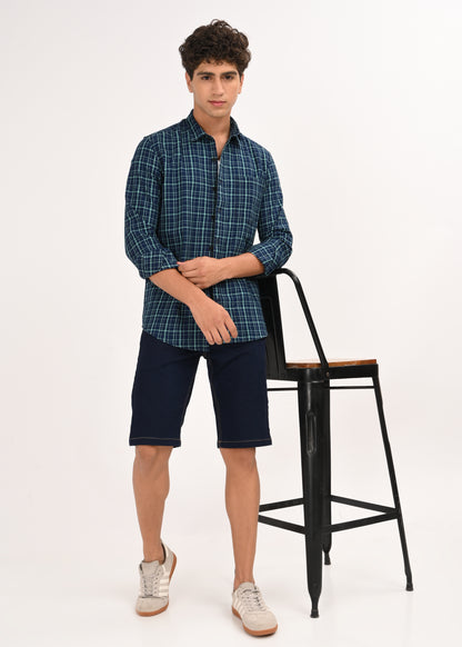 Indigo-Dyed 100% Cotton Check Shirt Green