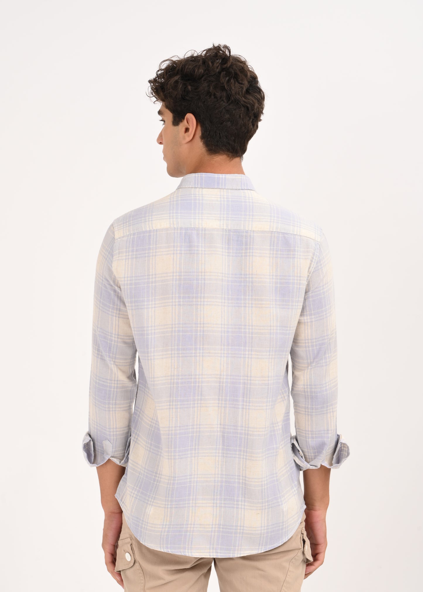Linen-Cotton Check Shirt Blue