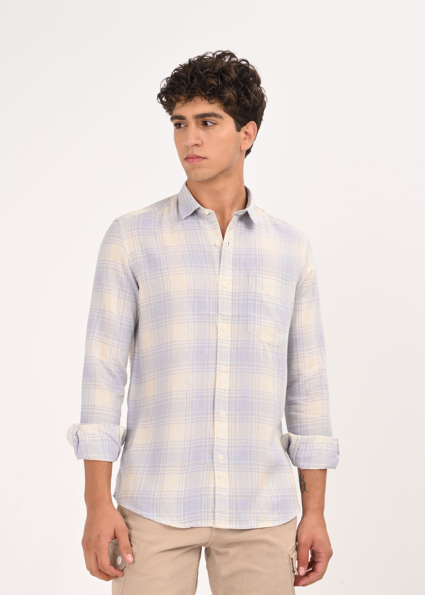 Linen-Cotton Check Shirt Blue