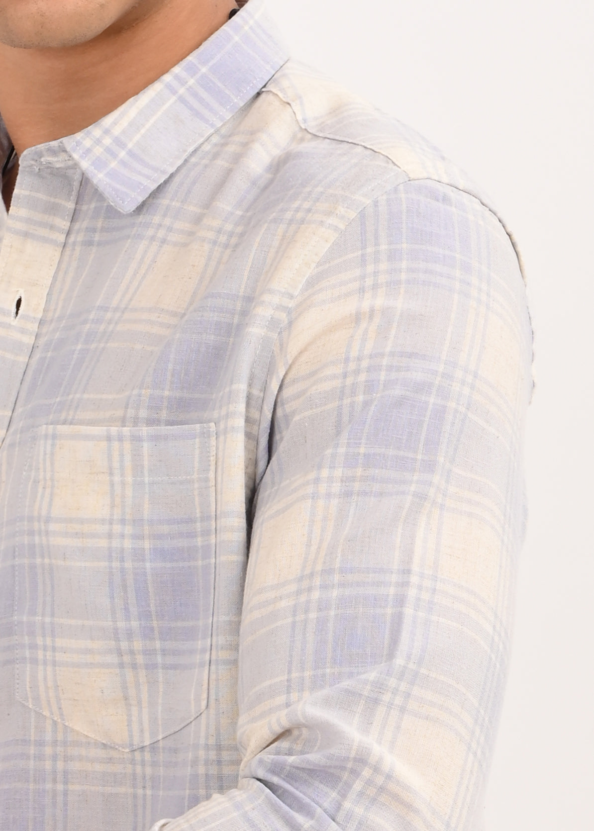 Linen-Cotton Check Shirt Blue
