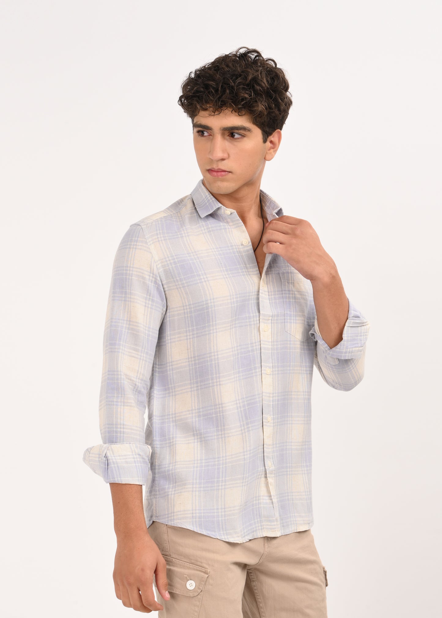 Linen-Cotton Check Shirt Blue