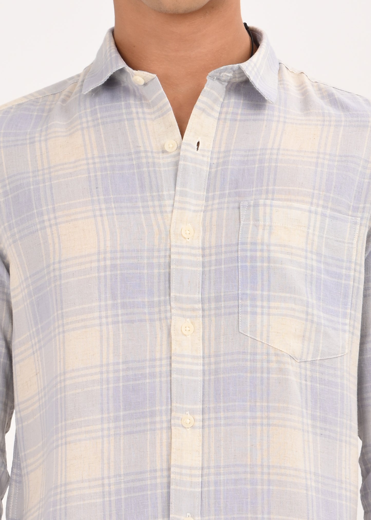 Linen-Cotton Check Shirt Blue