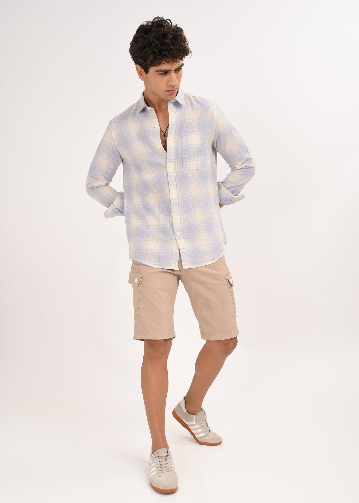 Linen-Cotton Check Shirt Blue