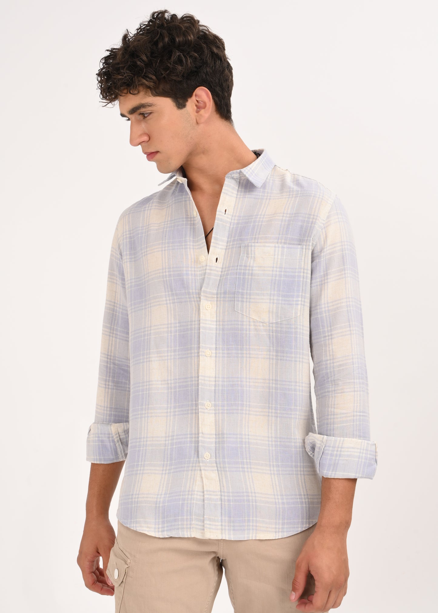 Linen-Cotton Check Shirt Blue