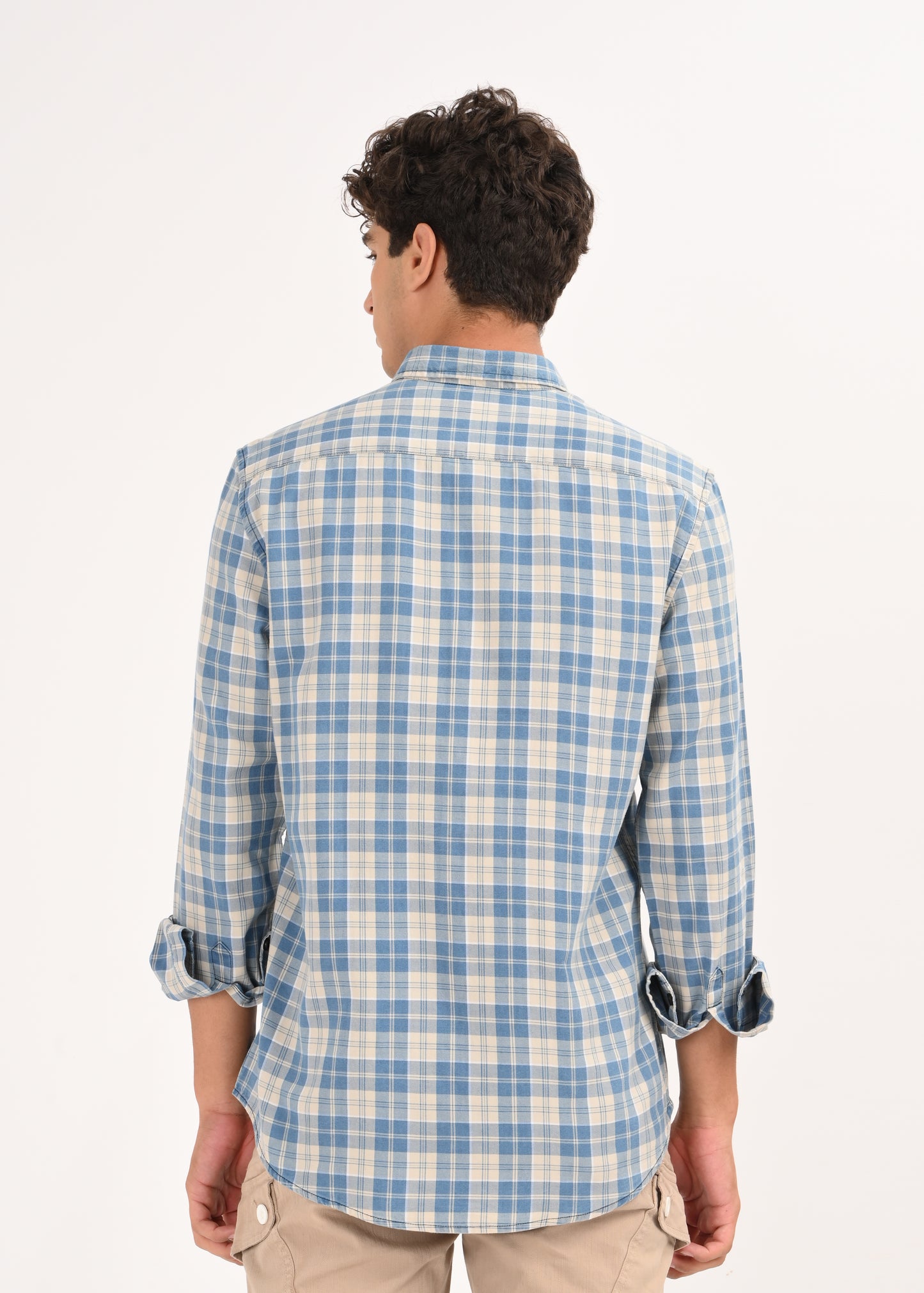 Indigo-Dyed 100% Cotton Check Shirt Beige