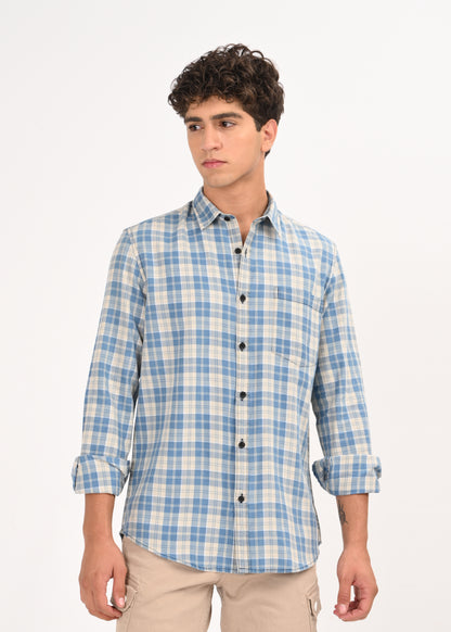 Indigo-Dyed 100% Cotton Check Shirt Beige