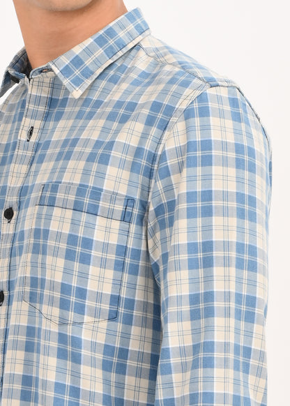 Indigo-Dyed 100% Cotton Check Shirt Beige