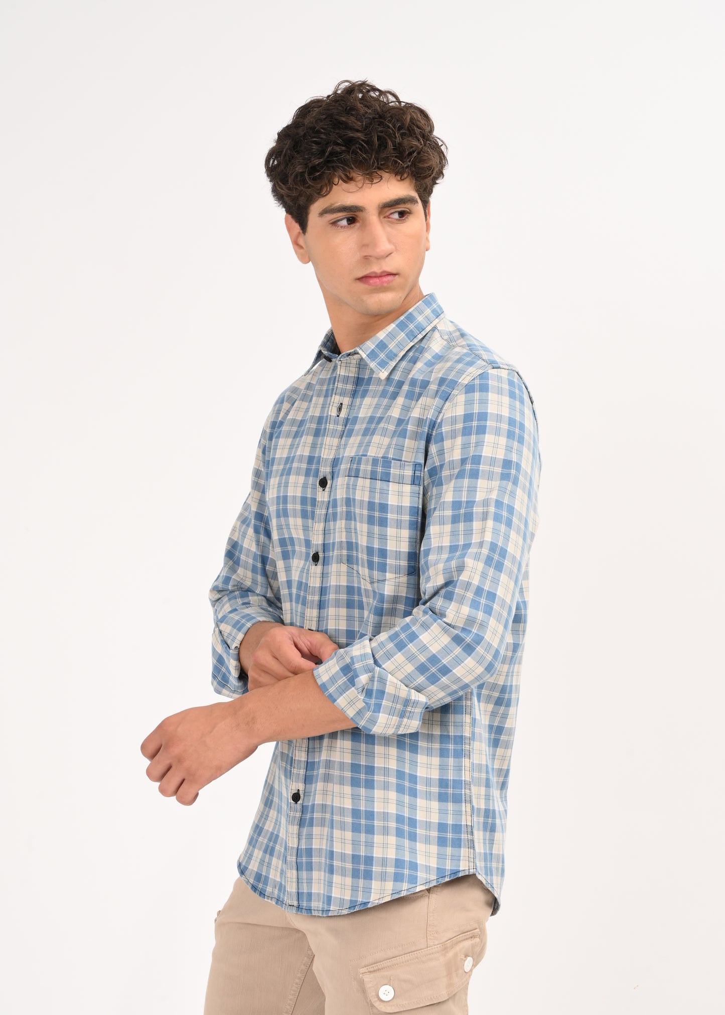 Indigo-Dyed 100% Cotton Check Shirt Beige