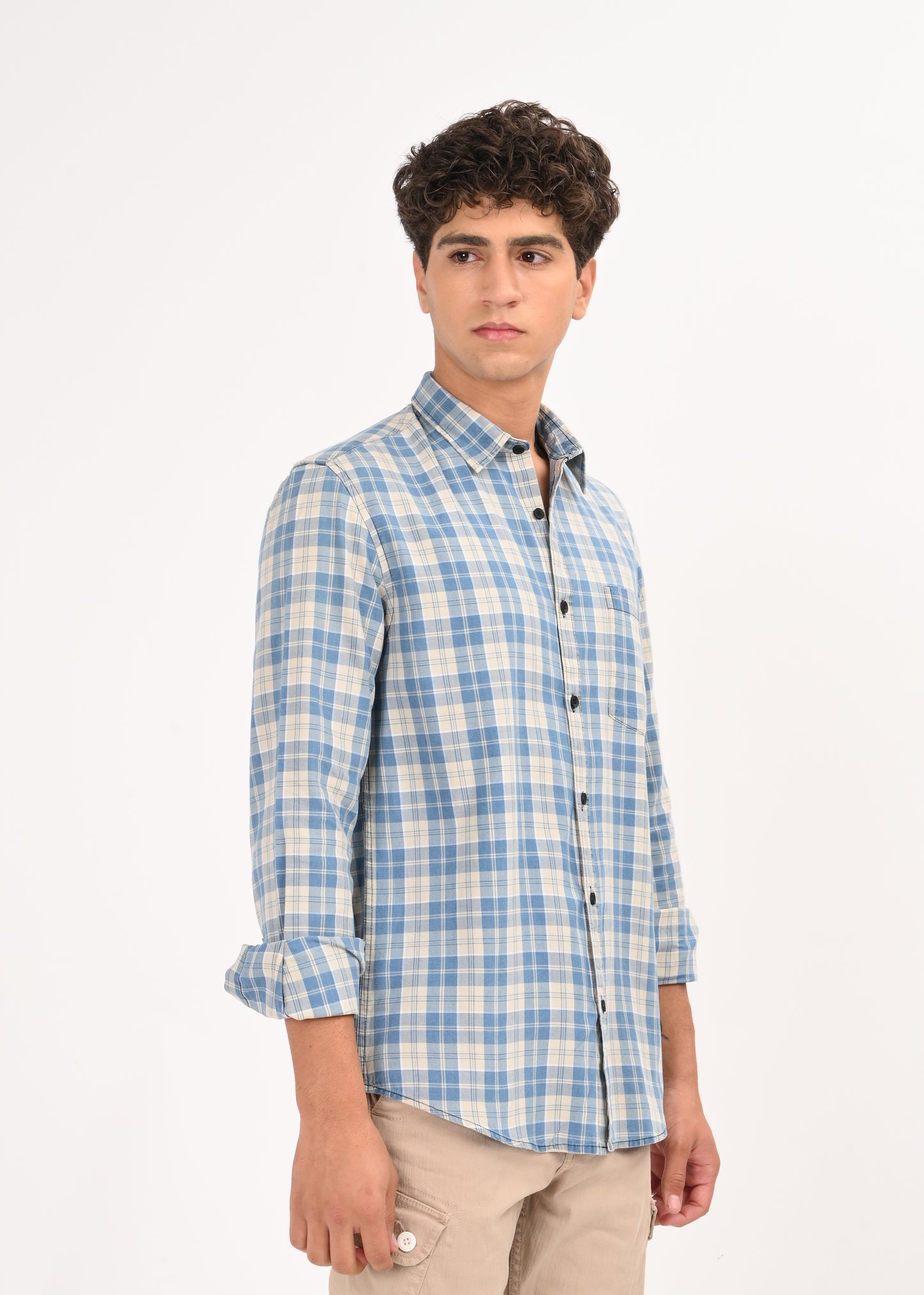 Indigo-Dyed 100% Cotton Check Shirt Beige