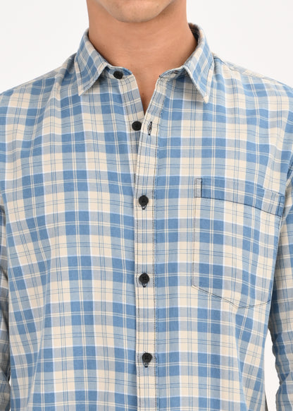 Indigo-Dyed 100% Cotton Check Shirt Beige