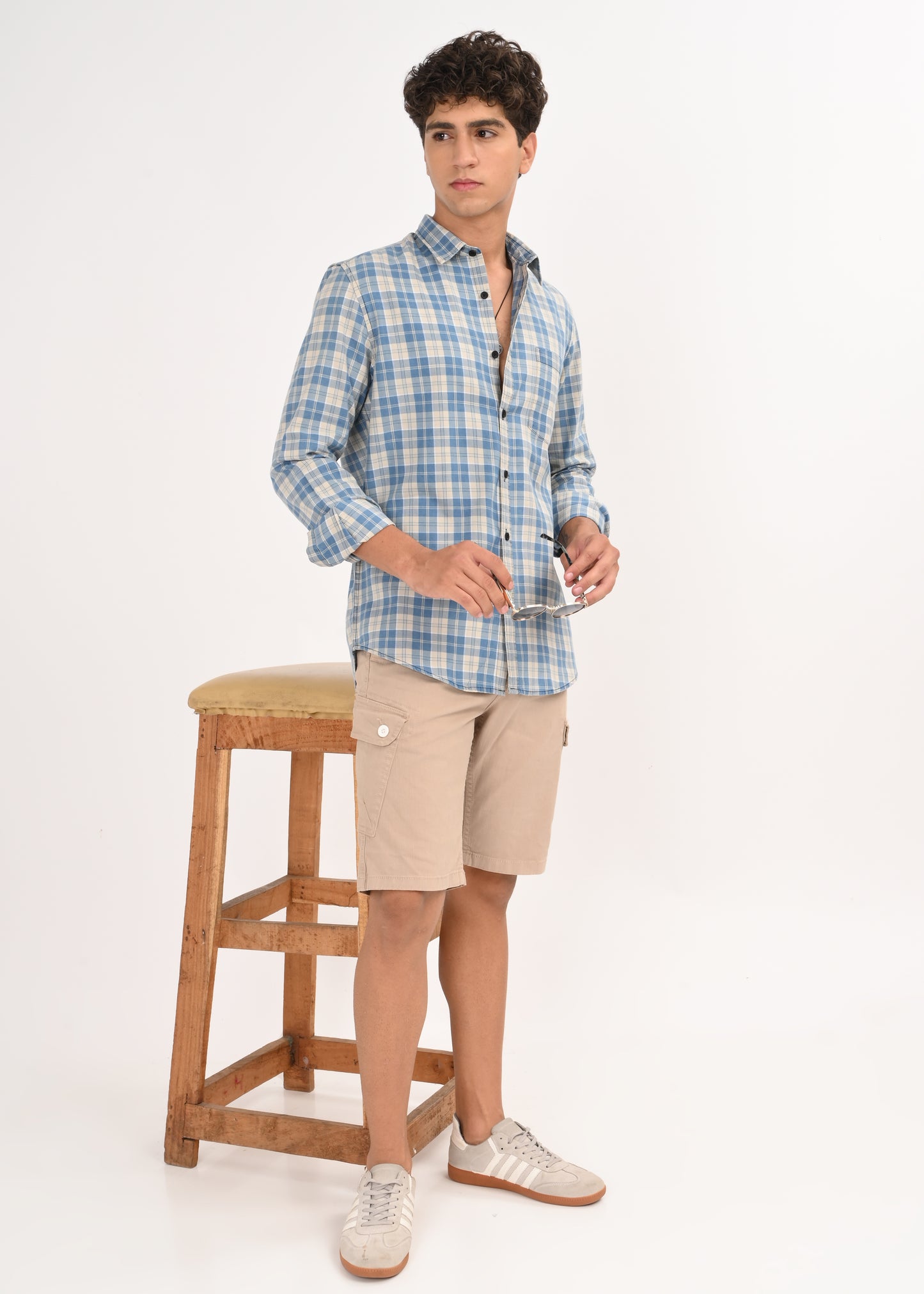 Indigo-Dyed 100% Cotton Check Shirt Beige