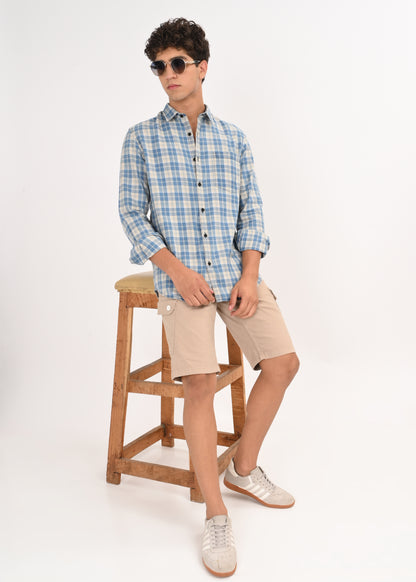 Indigo-Dyed 100% Cotton Check Shirt Beige
