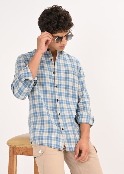 Indigo-Dyed 100% Cotton Check Shirt Beige