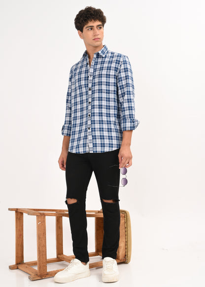 Indigo-Dyed 100% Cotton Check Shirt Lt Blue