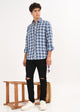 Indigo-Dyed 100% Cotton Check Shirt Lt Blue