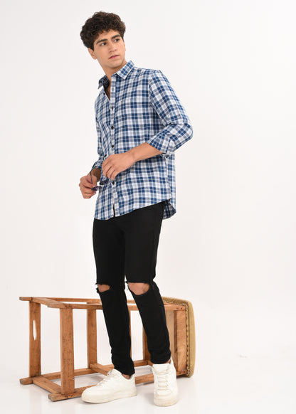 Indigo-Dyed 100% Cotton Check Shirt Lt Blue