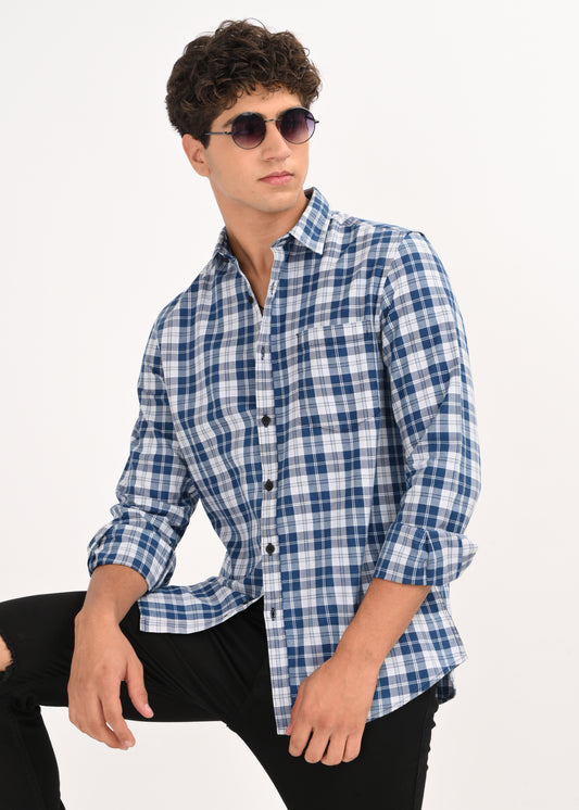 Indigo-Dyed 100% Cotton Check Shirt Lt Blue