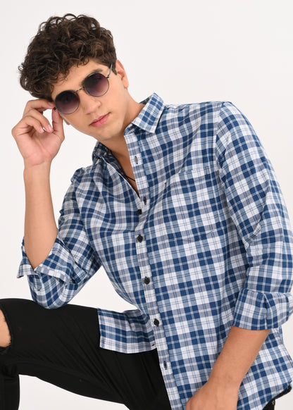 Indigo-Dyed 100% Cotton Check Shirt Lt Blue