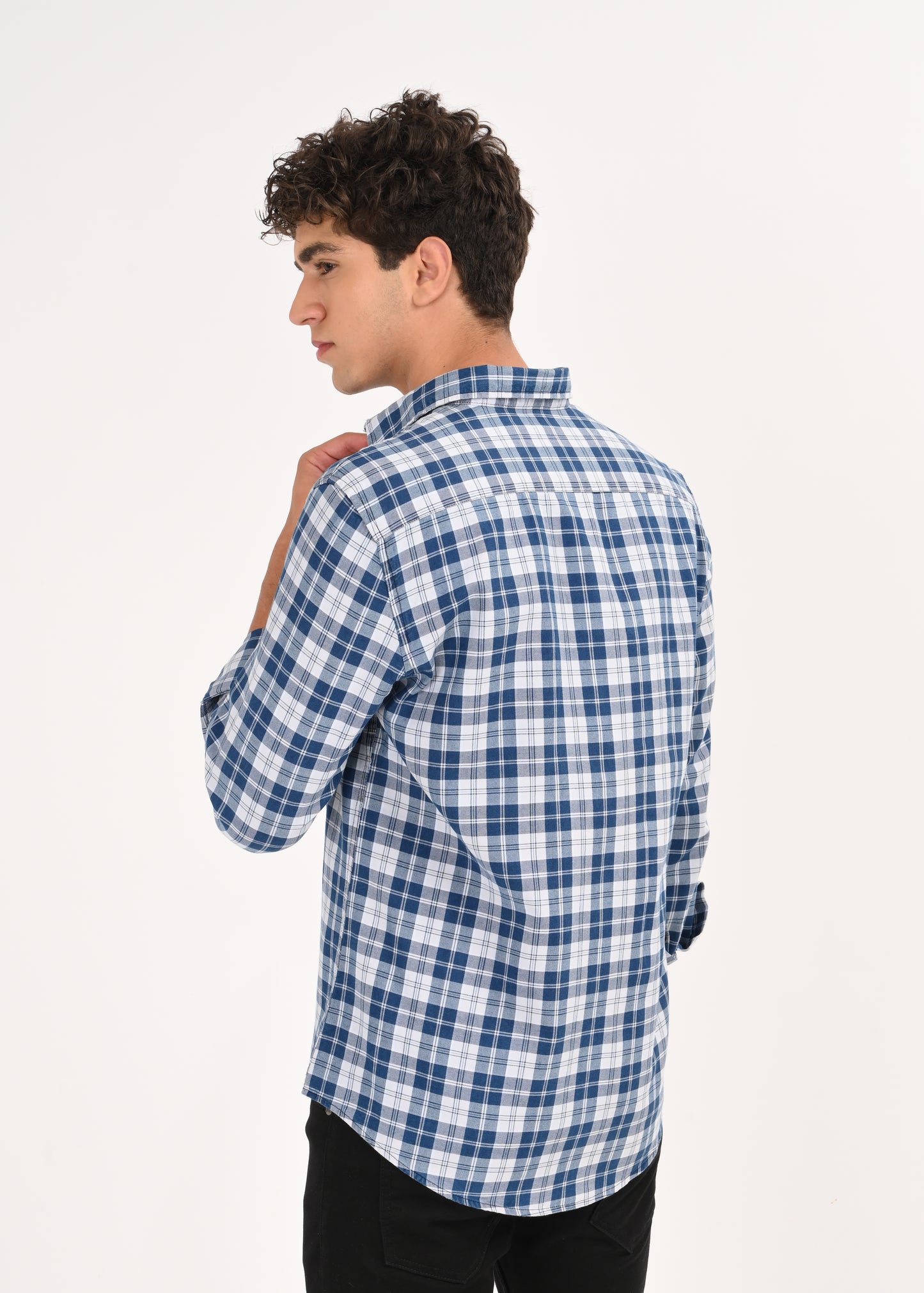 Indigo-Dyed 100% Cotton Check Shirt Lt Blue