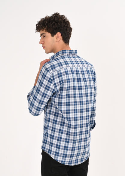 Indigo-Dyed 100% Cotton Check Shirt Lt Blue