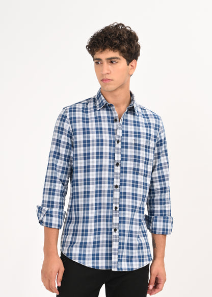 Indigo-Dyed 100% Cotton Check Shirt Lt Blue