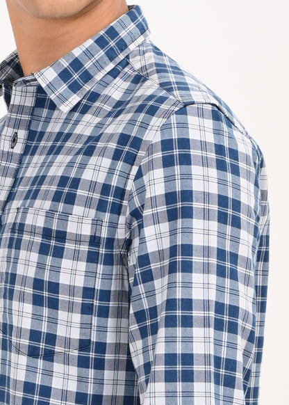 Indigo-Dyed 100% Cotton Check Shirt Lt Blue