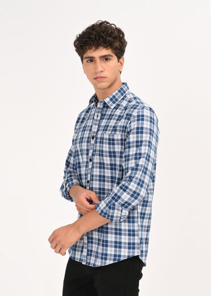 Indigo-Dyed 100% Cotton Check Shirt Lt Blue