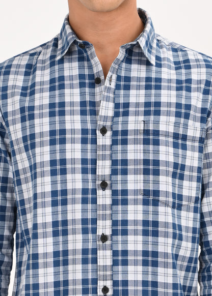 Indigo-Dyed 100% Cotton Check Shirt Lt Blue