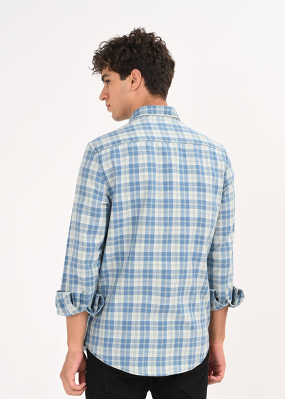 Indigo-Dyed 100% Cotton Check Shirt Lt Green