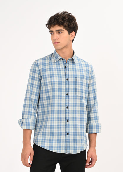 Indigo-Dyed 100% Cotton Check Shirt Lt Green