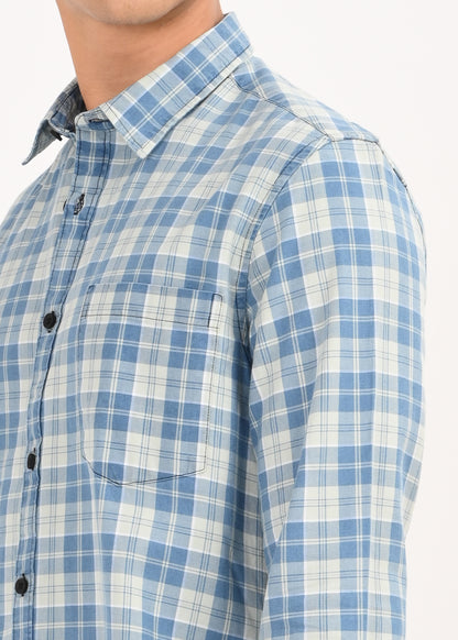 Indigo-Dyed 100% Cotton Check Shirt Lt Green