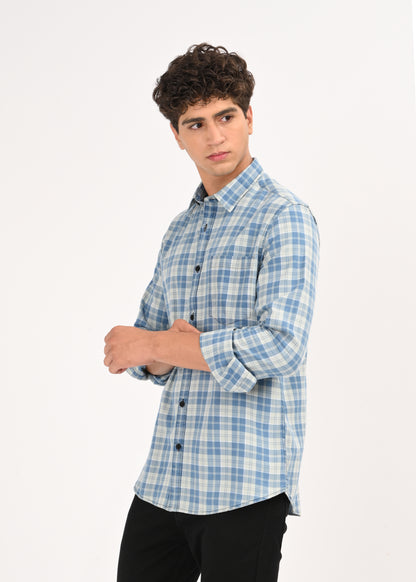 Indigo-Dyed 100% Cotton Check Shirt Lt Green