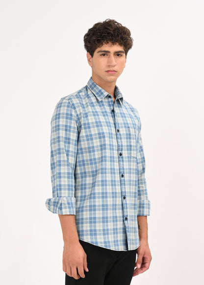 Indigo-Dyed 100% Cotton Check Shirt Lt Green