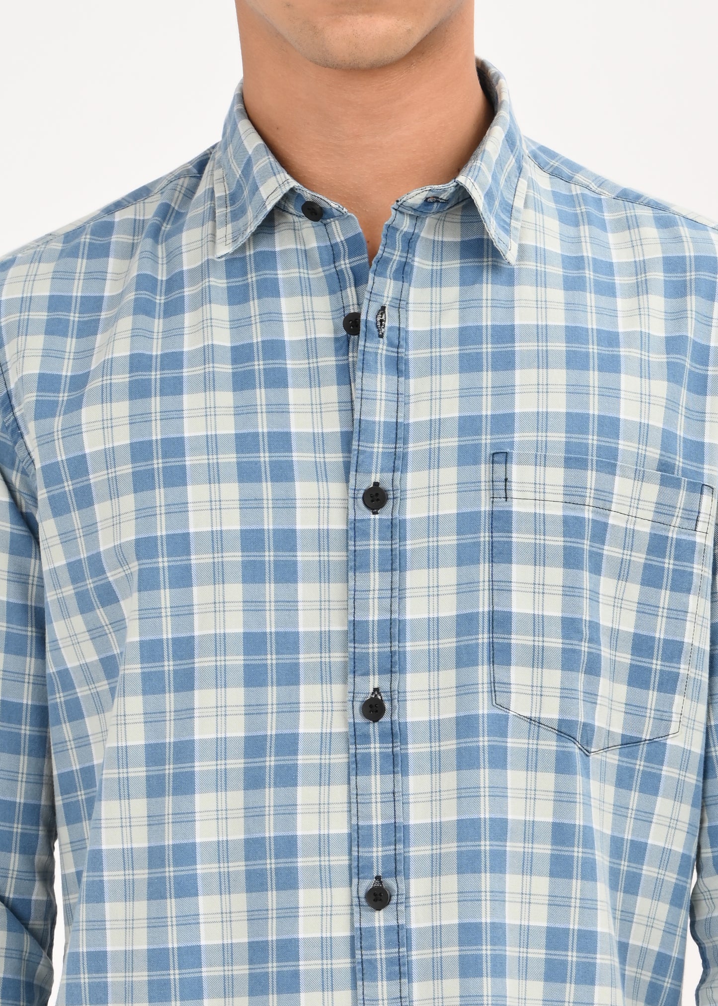 Indigo-Dyed 100% Cotton Check Shirt Lt Green