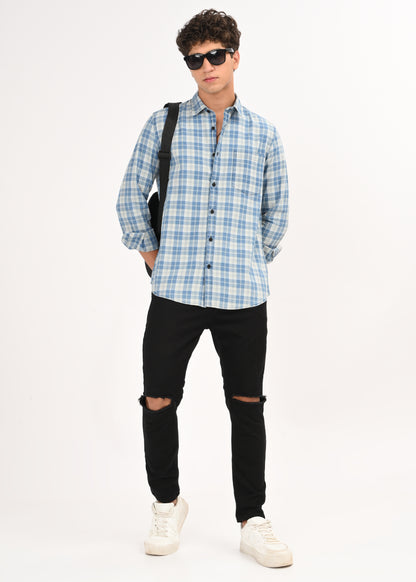 Indigo-Dyed 100% Cotton Check Shirt Lt Green