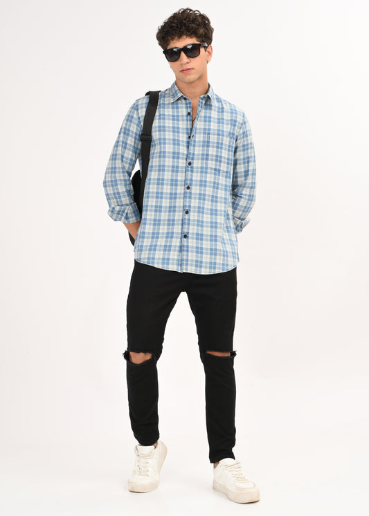 Indigo-Dyed 100% Cotton Check Shirt Lt Green
