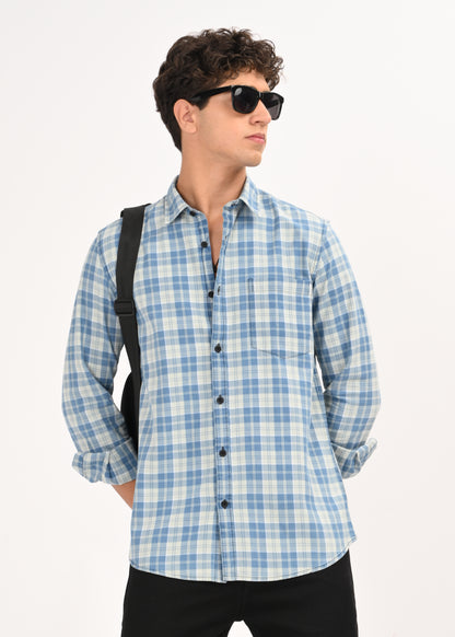 Indigo-Dyed 100% Cotton Check Shirt Lt Green