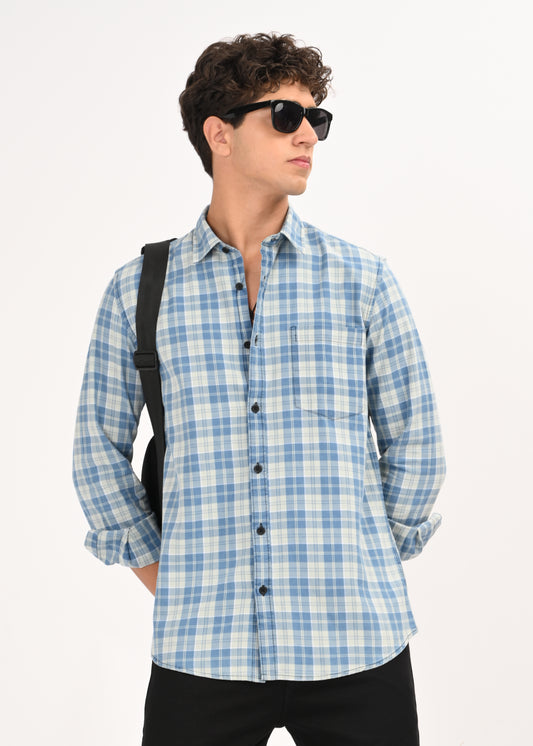 Indigo-Dyed 100% Cotton Check Shirt Lt Green