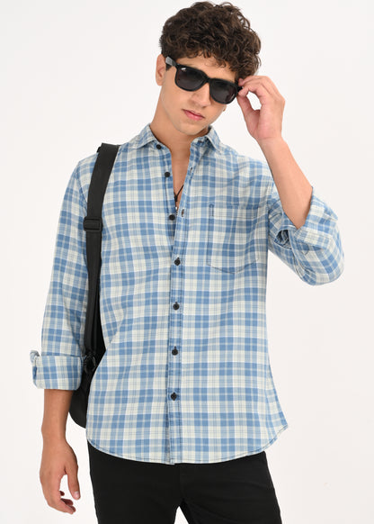 Indigo-Dyed 100% Cotton Check Shirt Lt Green