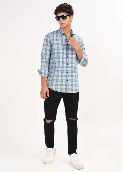 Indigo-Dyed 100% Cotton Check Shirt Lt Green