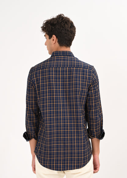 Indigo-Dyed 100% Cotton Check Shirt Navy