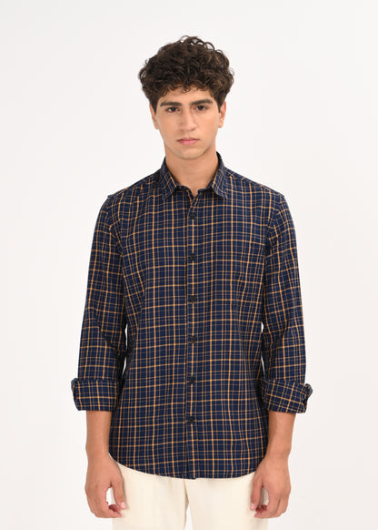 Indigo-Dyed 100% Cotton Check Shirt Navy