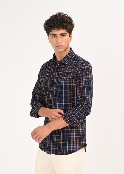 Indigo-Dyed 100% Cotton Check Shirt Navy
