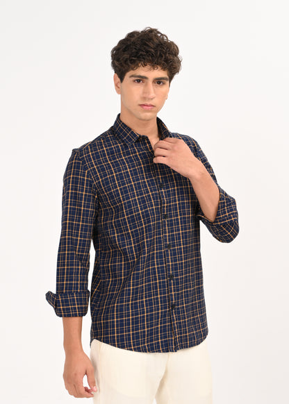 Indigo-Dyed 100% Cotton Check Shirt Navy